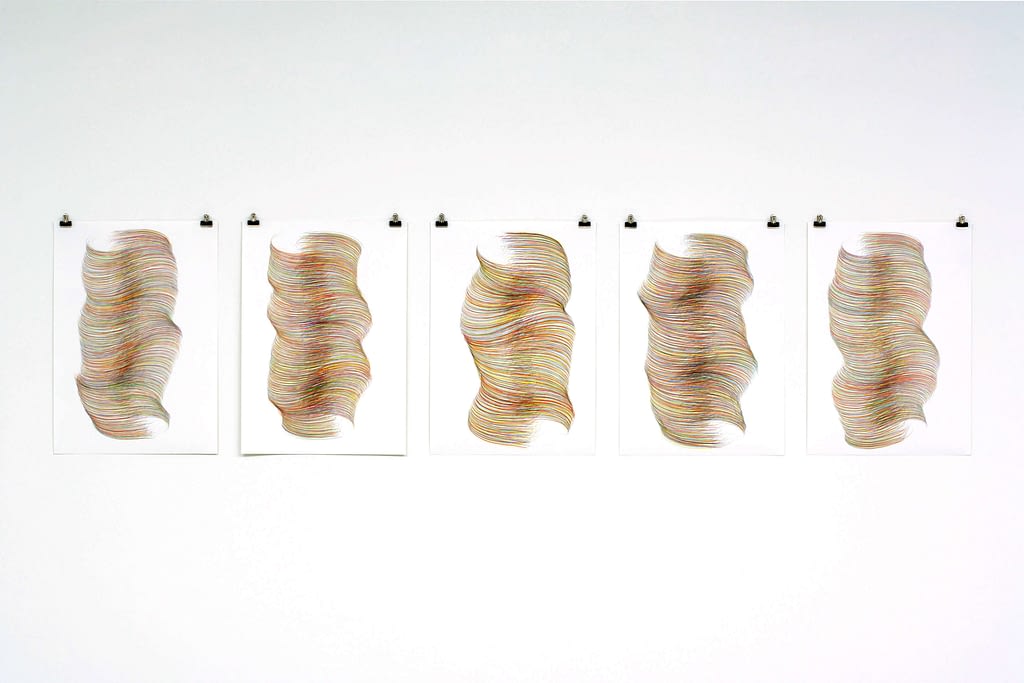 „Einwenden“, 2007, Farbstift auf Papier, 5-teilig, je 59.4 x 42 cm