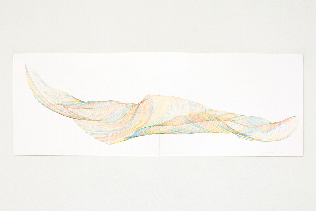 Aus der Werkgruppe «Farbig gedreht», 2020, Farbstift auf Papier, 48.8 x 140 cm