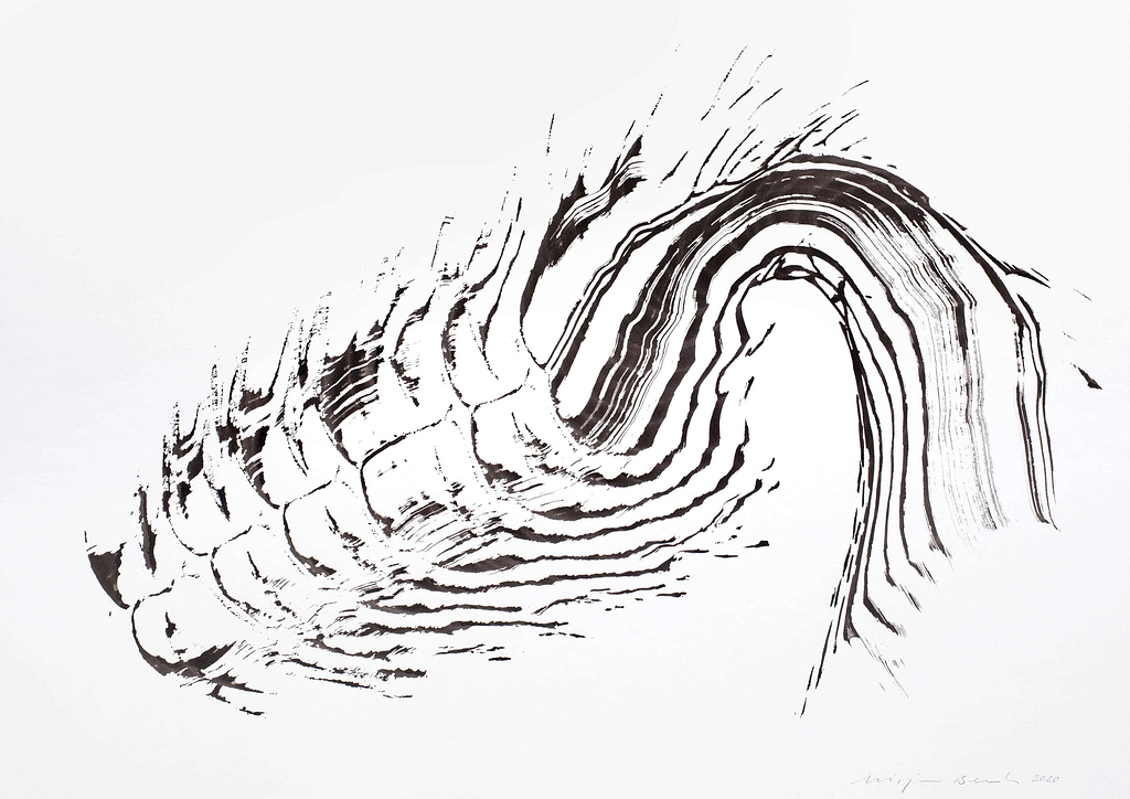 Aus der Werkgruppe „Kois“ 2020, Tusche auf Papier, 42 x 49.4 cm