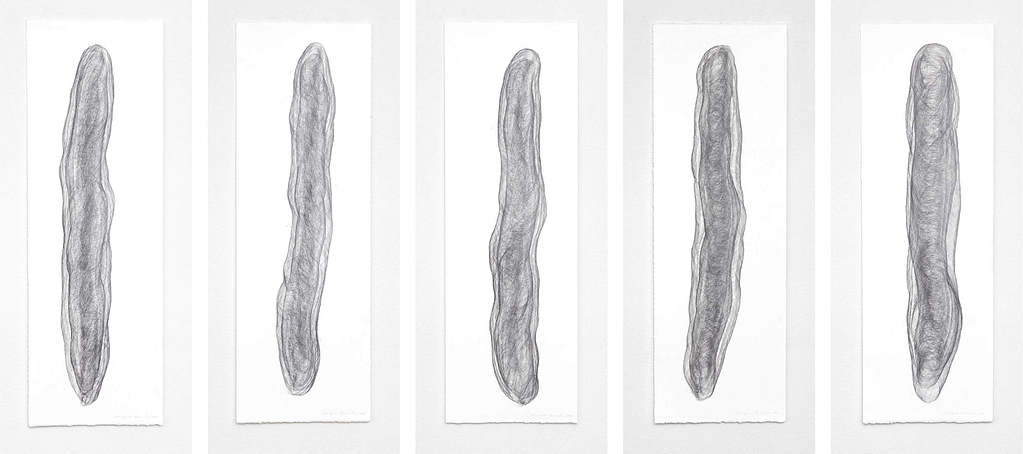 Auswahl aus der Serie „Umhüllt", 2018, Bleistift auf Büttenpapier, je 120 x 40.2 cm