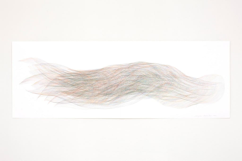 Aus der Werkgruppe «Strömend», 2021, Farbstift auf Papier, 59.4 x 168.2 cm