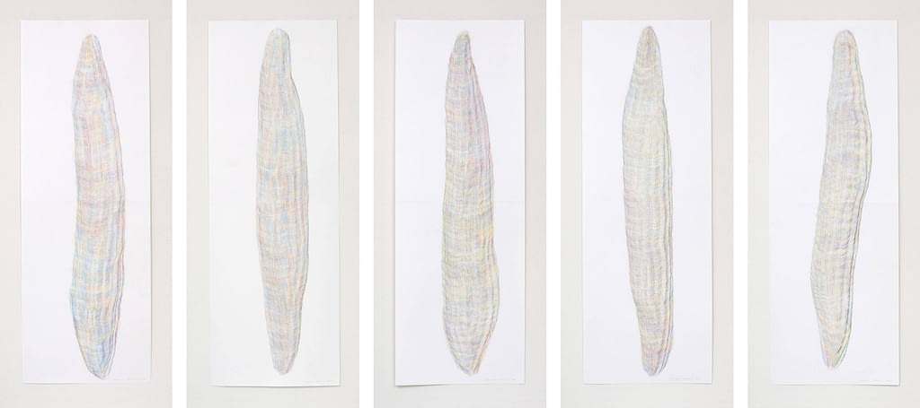 Auswahl aus der Serie „Farbkörper", 2019, Farbstift auf Papier, je 168.2 x 59.4 cm