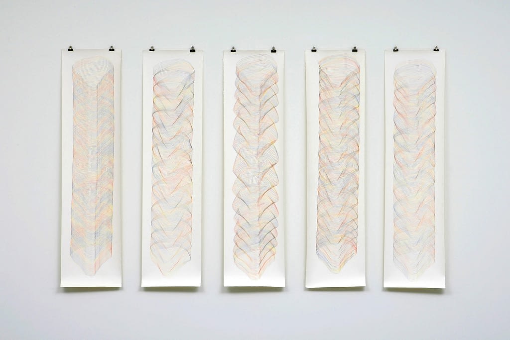 „Klangräume“, 2008, Farbstift auf Büttenpapier, je 141 x 35 cm