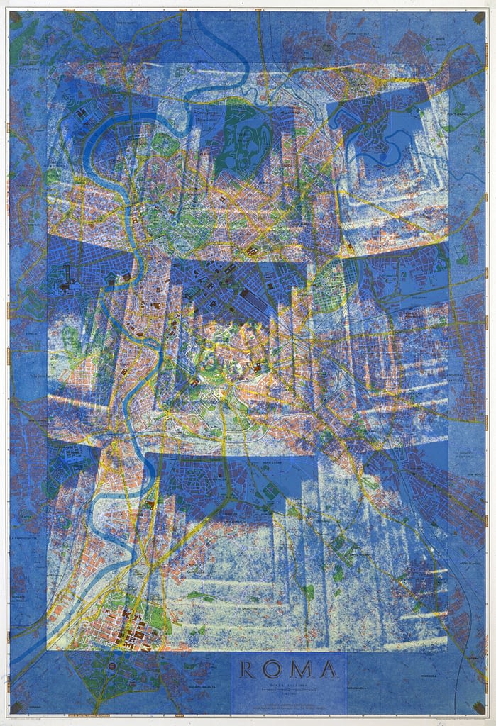 Aus der Werkgruppe „Roma“, 1990, Mixed Media auf Stadtplan von Rom, 112 x 75 cm