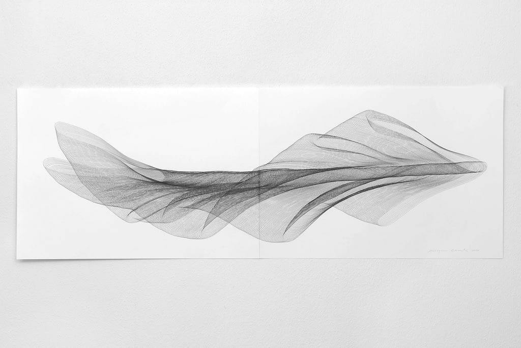 Aus der Werkgruppe „Fliessgestalten", 2014, Bleistift auf Papier, 59.4 x 168.2 cm