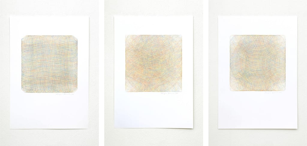 Auswahl aus der Serie „Annäherung", 2018, Farbstift auf Papier, je 84 x 59.4 cm