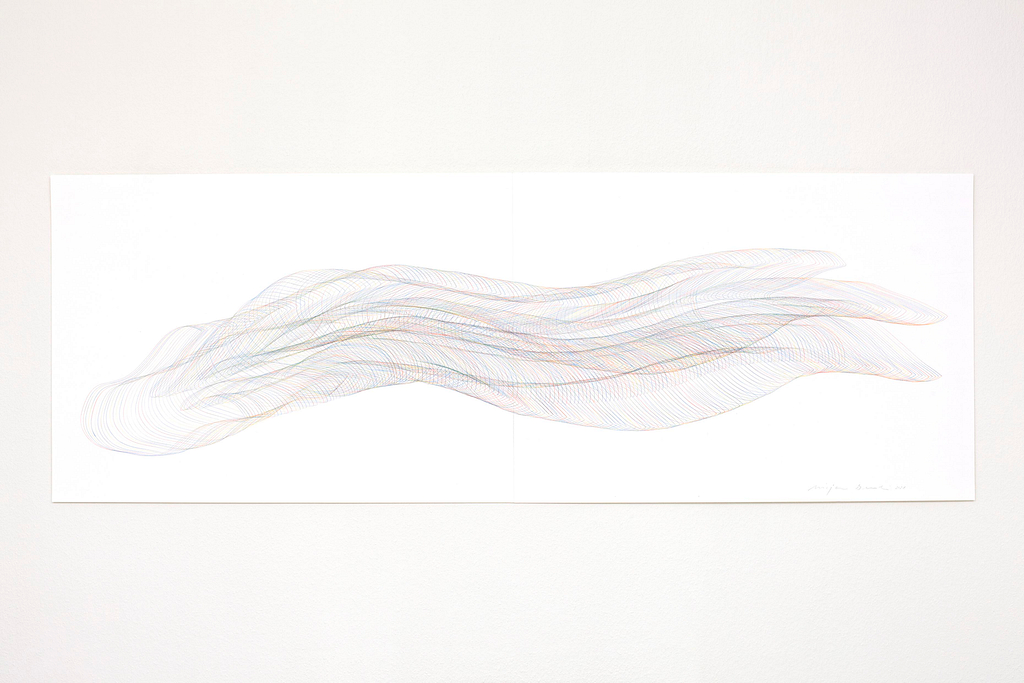 Aus der Werkgruppe «Strömend», 2021, Farbstift auf Papier, 59.4 x 168.2 cm