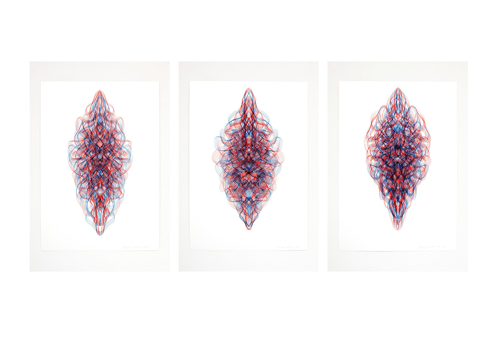 Auswahl aus der Serie «Rot-Blau», 2021, Filzstift auf Papier, je 100 x 70 cm