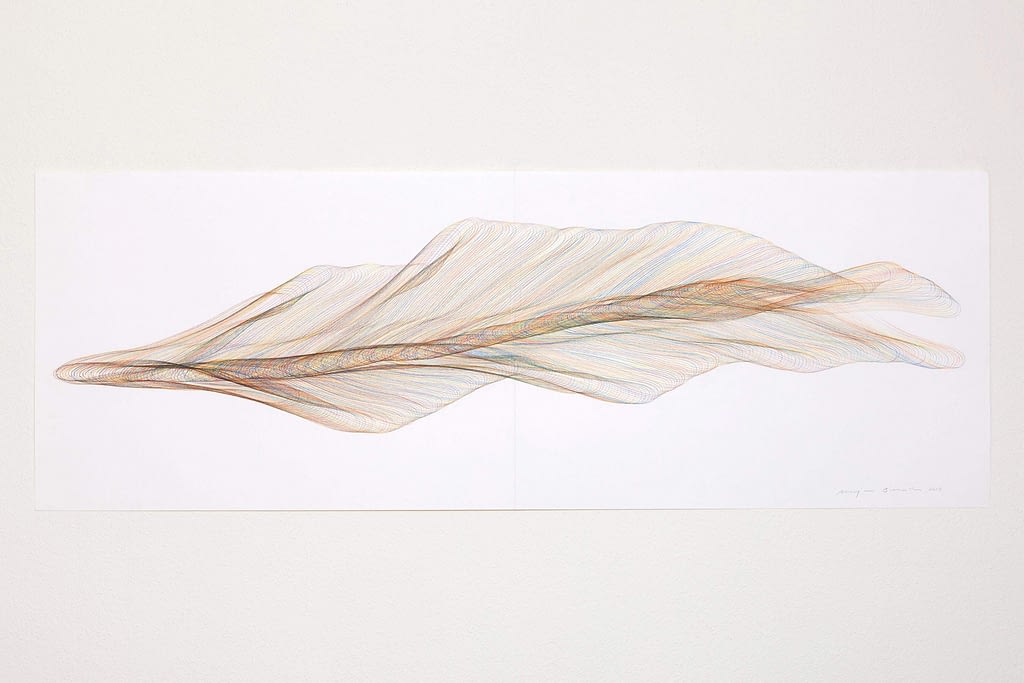 Aus der Werkgruppe „Walfischströmungen“, 2014, Farbstift auf Papier, 59.4 x 168.2 cm