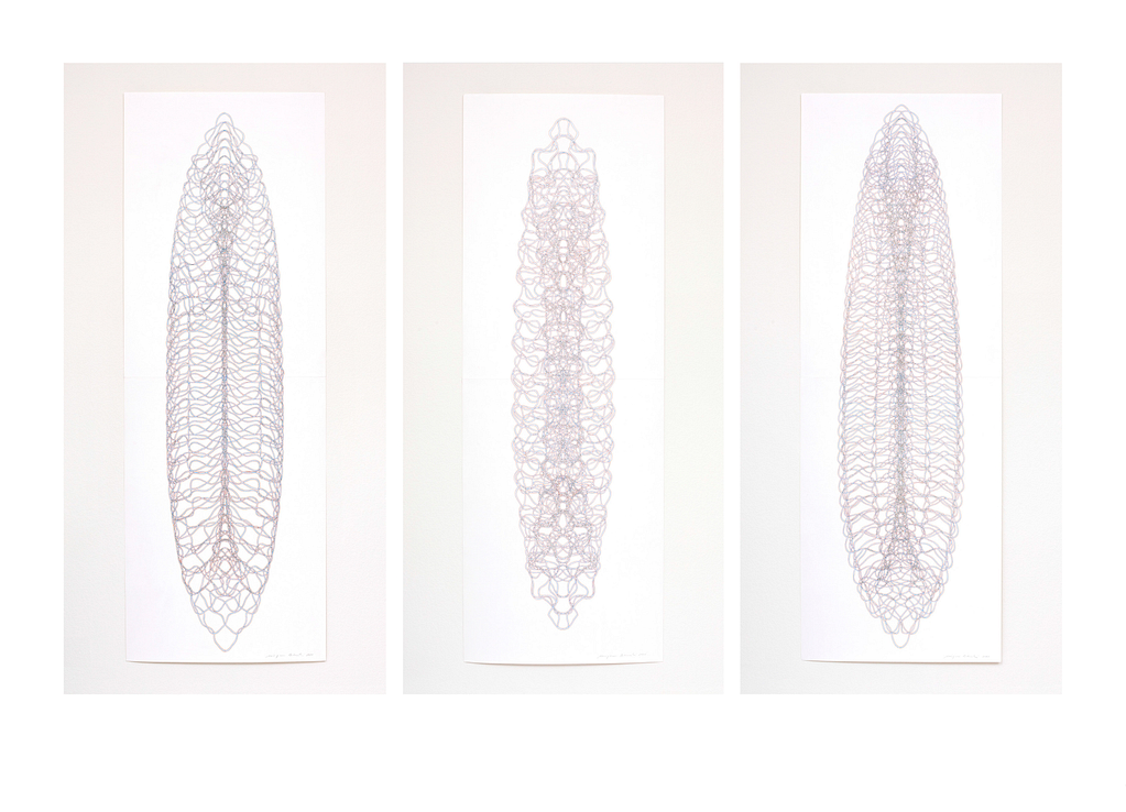 Auswahl aus der Serie «Tragend», 2021, Filzstift auf Papier, 168.2 x 42 cm