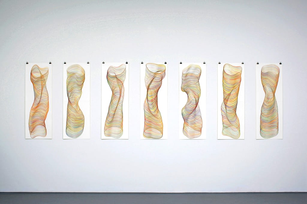 „Drehmomente“, 2009, Farbstift auf Papier, je 118.8 x 42 cm
