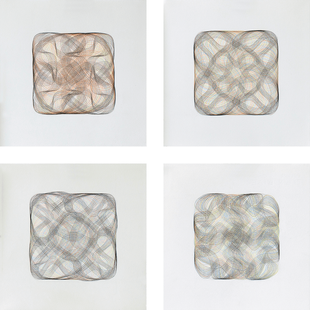 Auswahl aus der Serie «Flechtwerk», 2020, Farbstift und Bleistift auf Büttenpapier, je 27 x 27 cm
