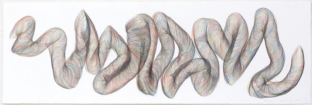 Aus der Werkgruppe „Indirekt", 2018, Farbstift und Bleistift auf Büttenpapier, 38 x 106 cm