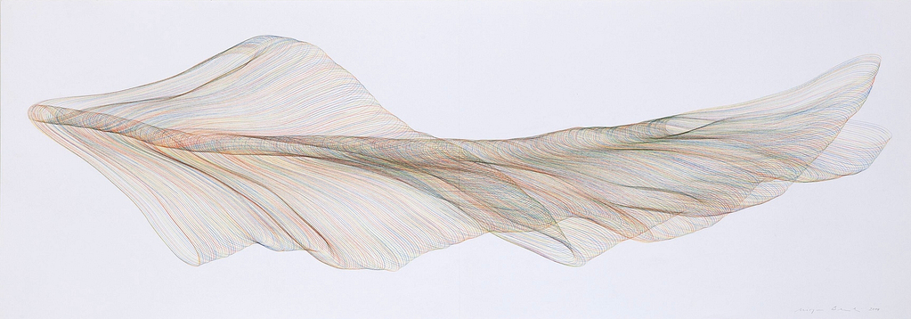 Aus der Werkgruppe „Walfischströmungen“, 2014, Farbstift auf Papier, 59.4 x 168.2 cm