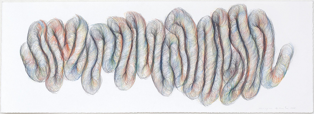 Aus der Werkgruppe „Indirekt", 2018, Farbstift und Bleistift auf Büttenpapier, 38 x 106 cm
