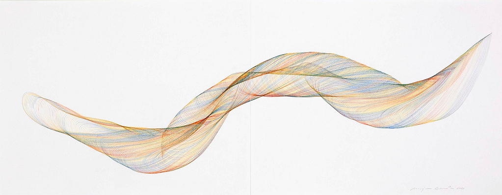 Aus der Werkgruppe «Farbig gedreht», 2020, Farbstift auf Papier, 29.7 x 126 cm