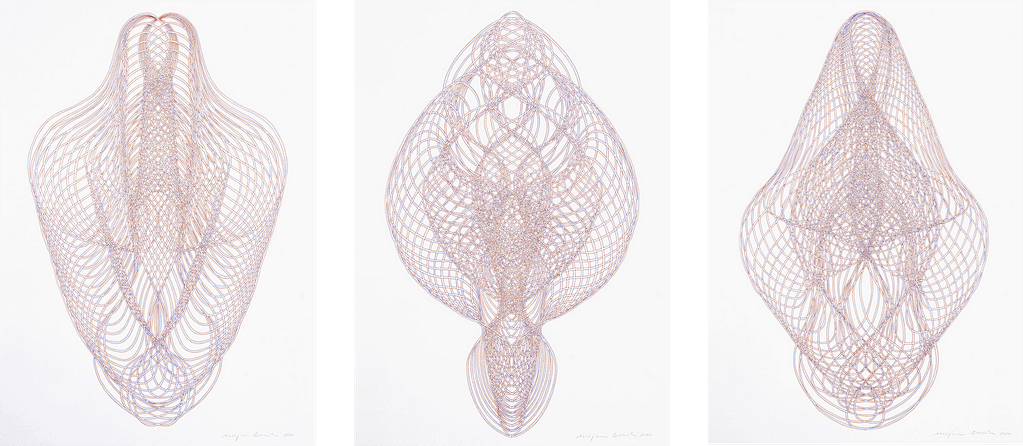 Auswahl aus der Werkgruppe «Umfangen», 2021, Farbstift auf Papier, je 84.1 x 59.4 cm