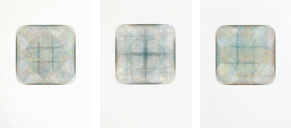 Aus der Werkgruppe „Überkreuz“ 2022, Farbstift auf Papier, je 70 x 50 cm