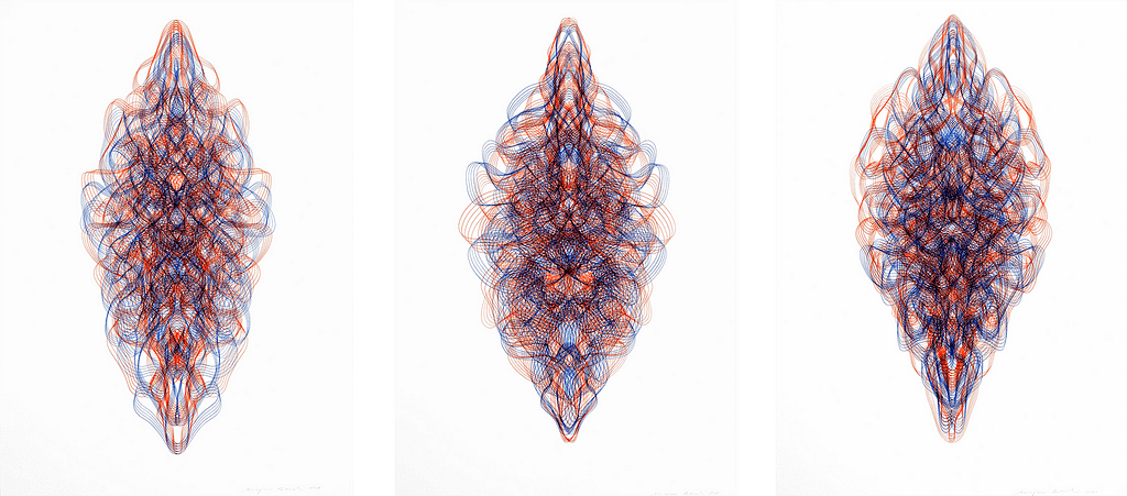 Auswahl aus der Werkgruppe «Rot-Blau», 2021, Filzstift auf Papier, je 100 x 70 cm