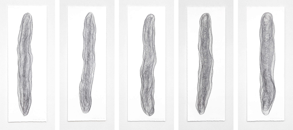 Auswahl aus der Werkgruppe „Umhüllt", 2018, Bleistift auf Büttenpapier, je 120 x 40.2 cm