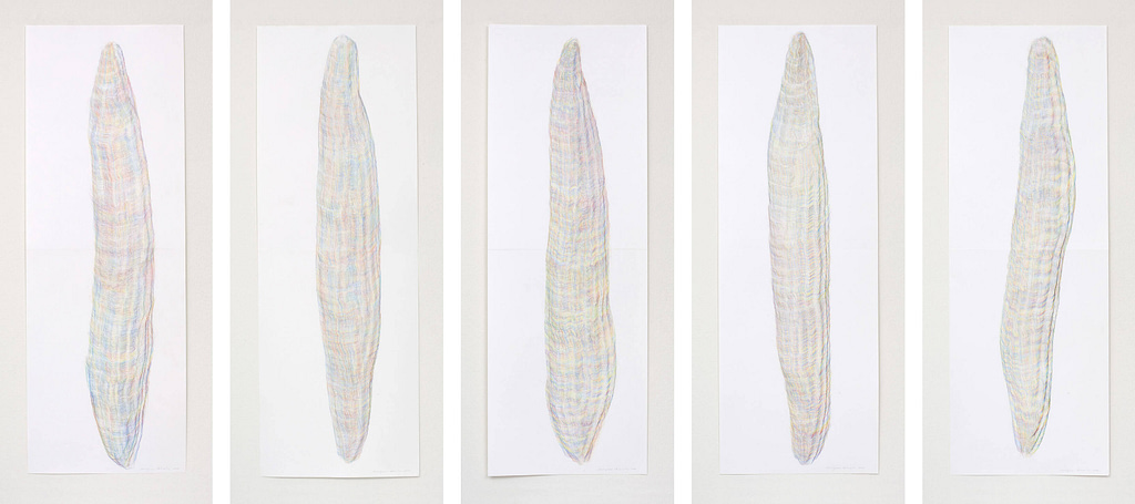 Auswahl aus der Werkgruppe „Farbkörper", 2019, Farbstift auf Papier, je 168.2 x 59.4 cm