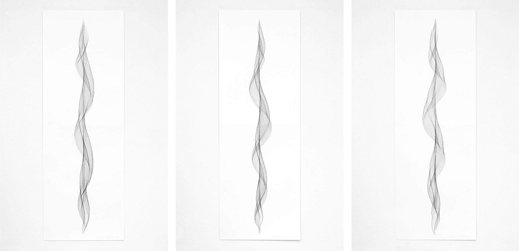 Auswahl aus der Serie „Fliessend I“, 2019, Bleistift auf Papier, je 168.2x59.4 cm