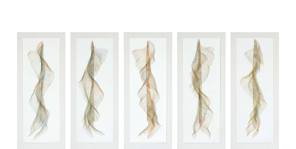 Auswahl aus der Serie „Traumtanz“, 2020, Farbstift auf Papier, je 118.8 x 42 cm