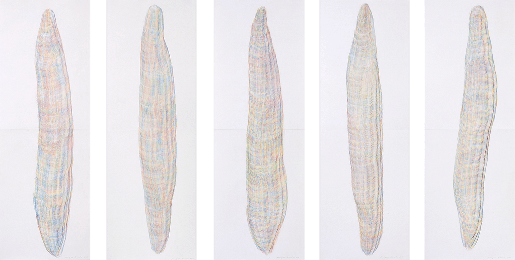 Auswahl aus der Serie „Farbkörper", 2019, Farbstift auf Papier, je 168.2 x 59.4 cm