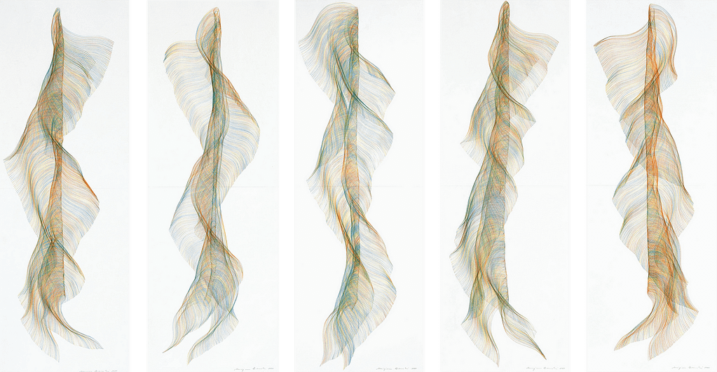 Auswahl aus der Werkgruppe „Traumtanz“, 2020, Farbstift auf Papier, je 118.8 x 42 cm