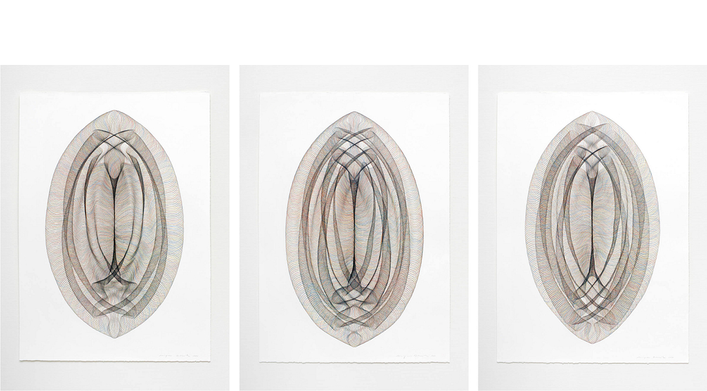 Auswahl aus der Serie „Portale“, 2020, Farbstift und Bleistift auf Büttenpapier, je 105 x 75 cm