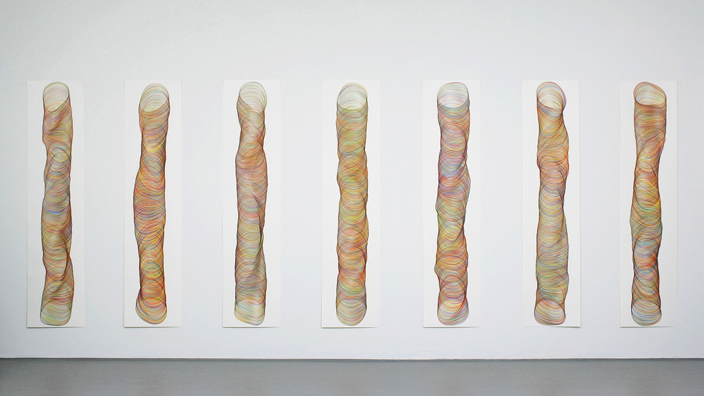„Zeitlos II“, 2009, Farbstift auf Papier, je 178.2 x 42 cm