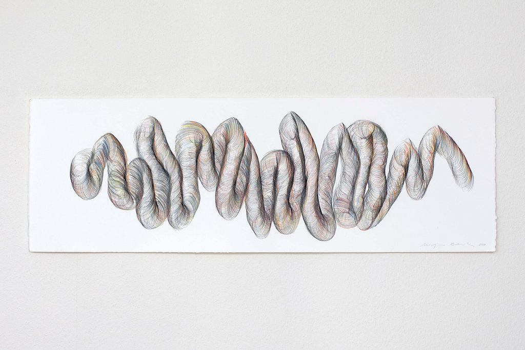 Aus der Werkgruppe „Indirekt", 2018, Farbstift und Bleistift auf Büttenpapier, 40 x 120 cm