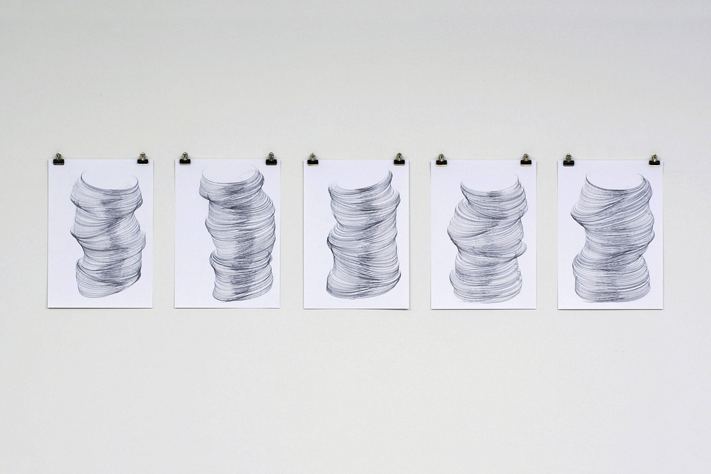 „Geneigt“, 2006, Bleistift auf Papier, 5-teilig, je 42 x 29.7 cm