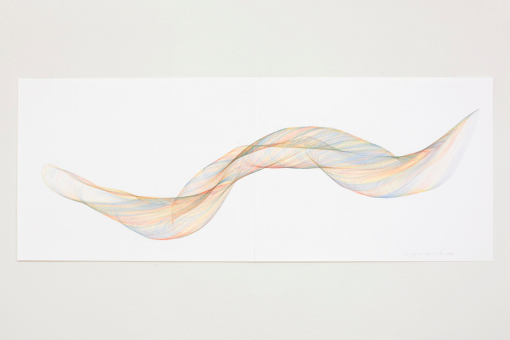 Aus der Werkgruppe «Farbig gedreht», 2020, Farbstift auf Papier, 50 x 130 cm