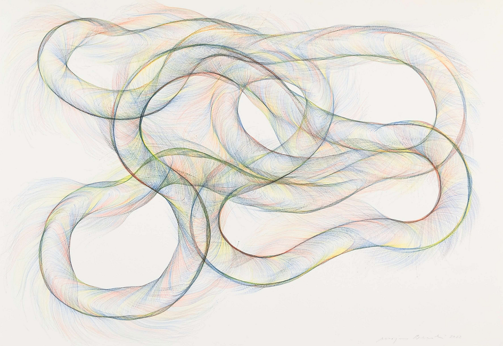 Aus der Werkgruppe „Verschlungen“, 2022, Farbstift auf Papier, 59.4 x 84.1 cm