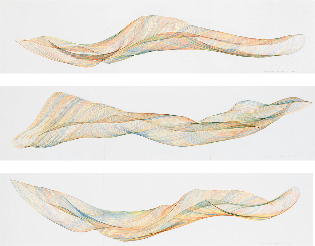 Auswahl aus der Werkgruppe «Farbig gedreht», 2020, Farbstift auf Papier, je 29.7 x 126 cm