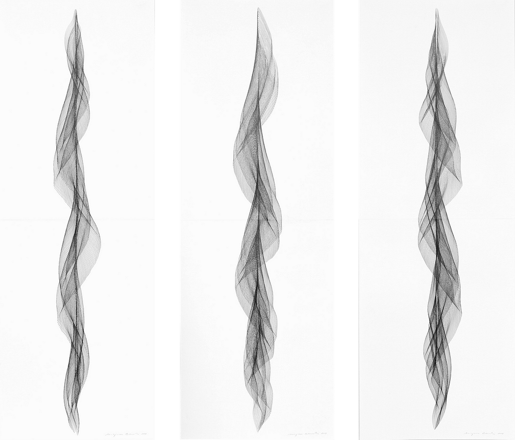 Serie „Fliessend II“, 2019, Bleistift auf Papier, 168.2 x 59.4 cm