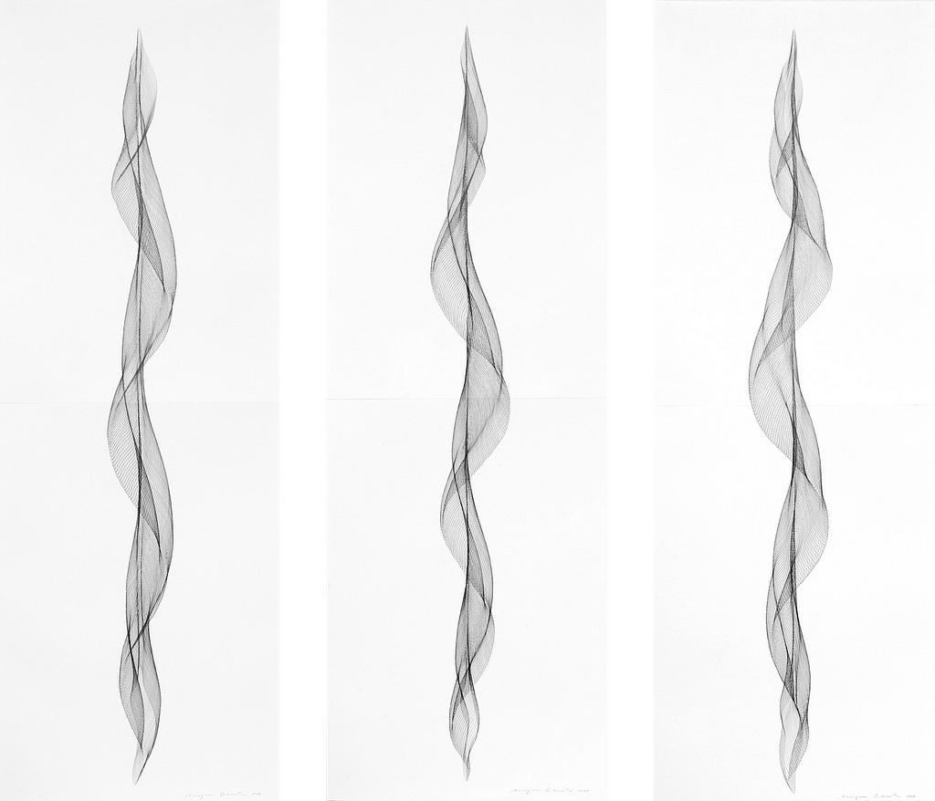Auswahl aus der Serie „Fliessend I“, 2019, Bleistift auf Papier, je 168.2x59.4 cm