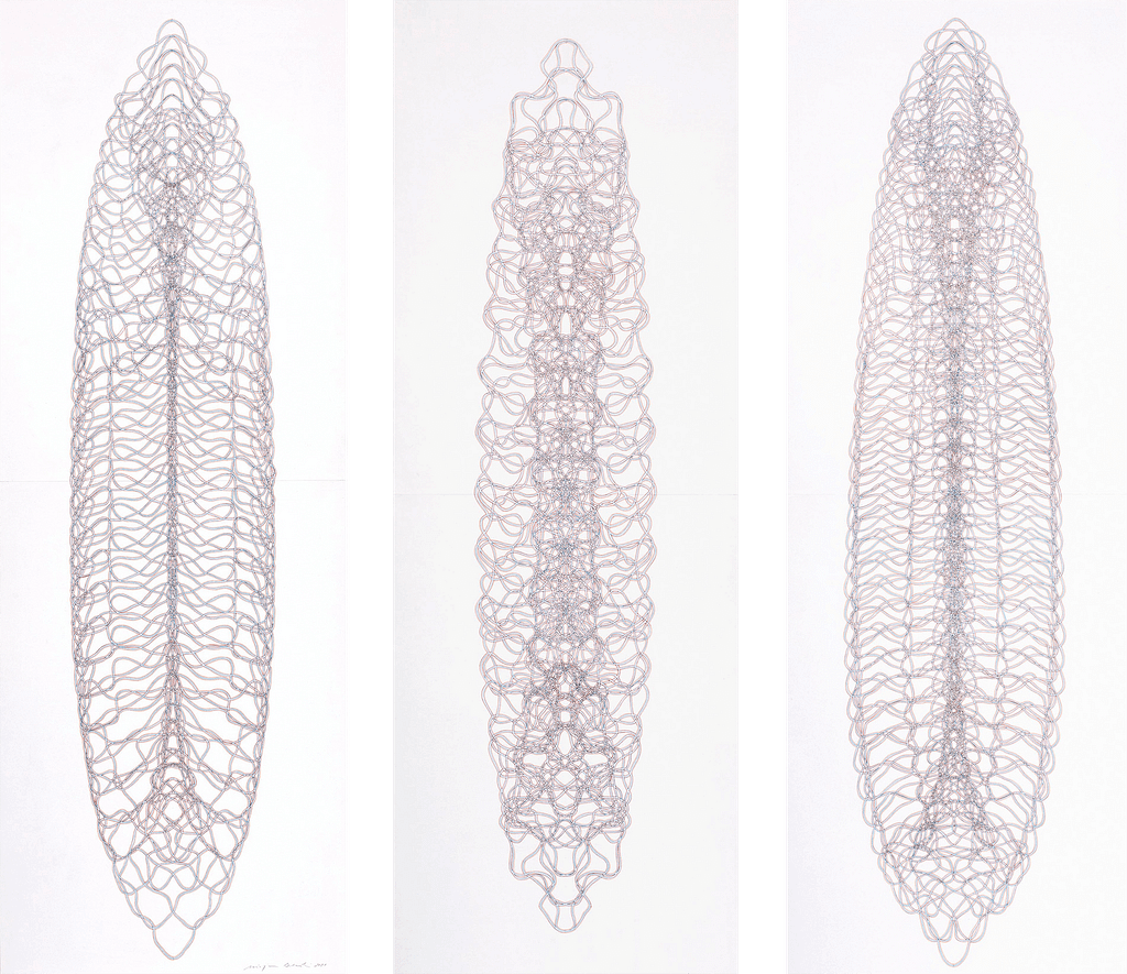 Auswahl aus der Werkgruppe «Tragend», 2021, Filzstift auf Papier, 168.2 x 42 cm
