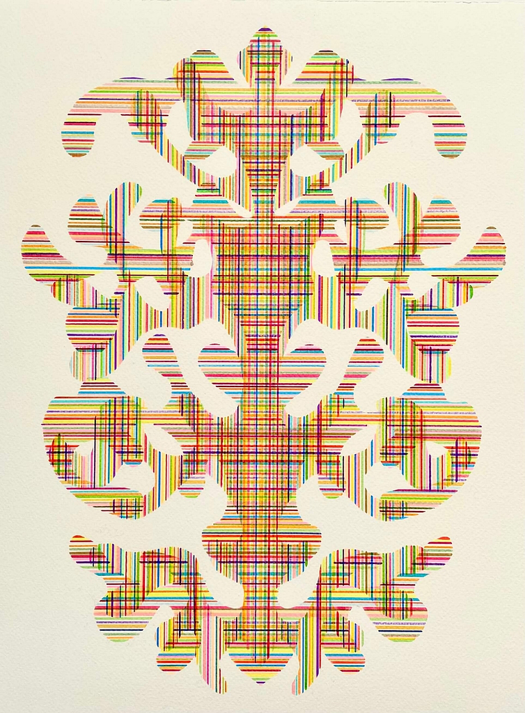 Aus der Werkgruppe „Wechselspiel II“, 2023, Marker auf Büttenpapier, je 40 x 30 cm